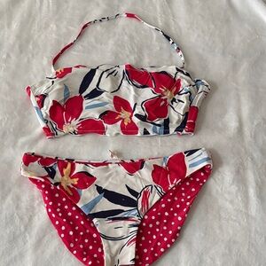 Reversible Floral & Polka Dot Bikini Set - Red/White